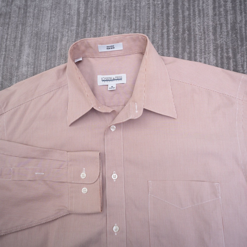 Joseph & Feiss Mens Salmon Pink Striped Non-Iron Cotton‎ Dress Shirt 16 34/35